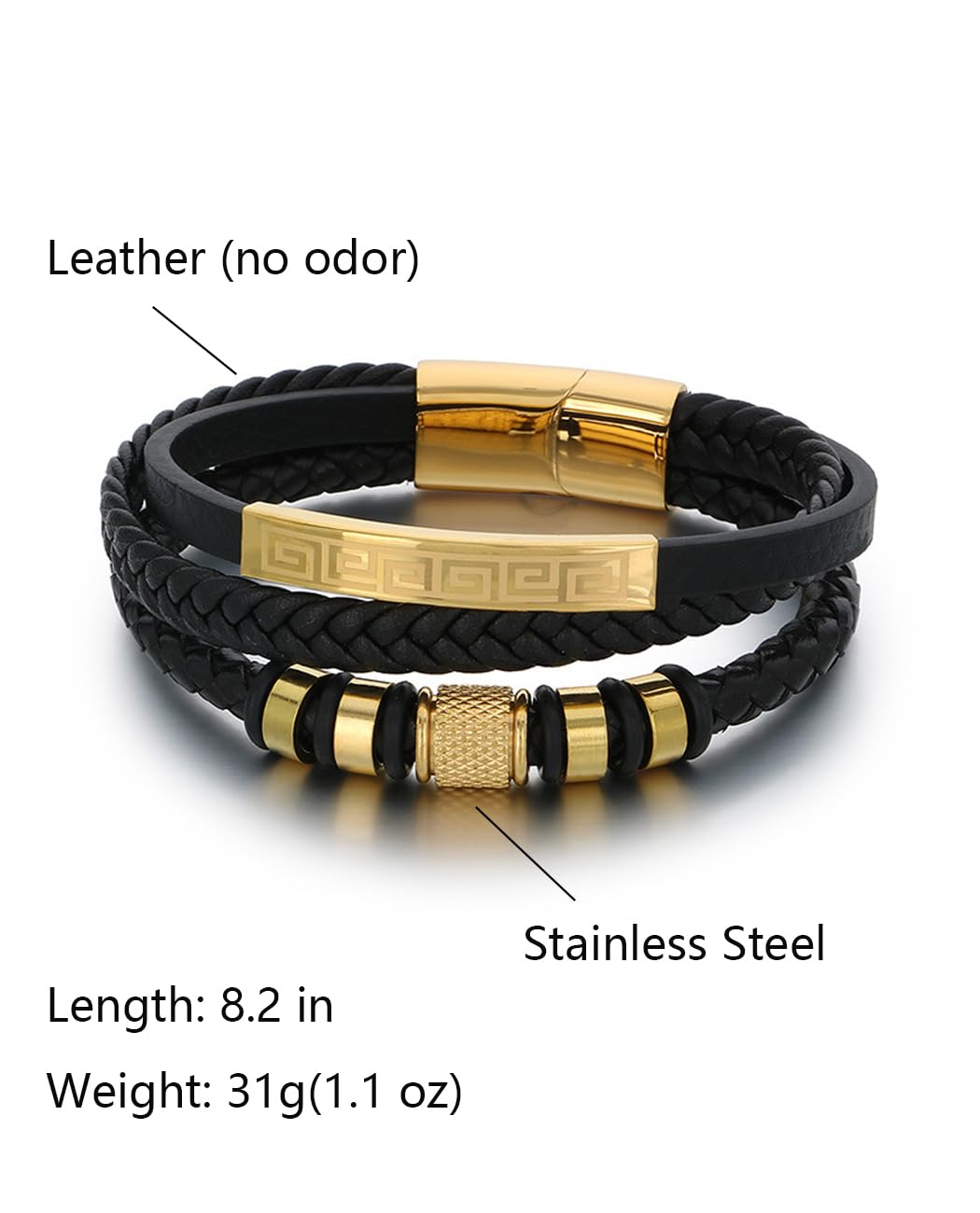 Kim Carrey Italian Handmade Genuine Leather Bracelets for Men Stainless Steel Clip, Men's Casual Genuine Multi-layer Cuff Bracelet, Bracelet Gift for Real Men (Golden)