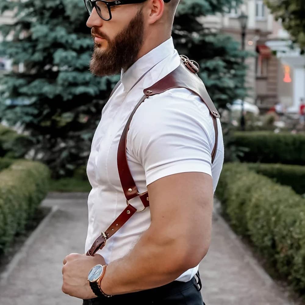 BaronHong PU Leather Renaissance Suspenders,Vintage Men's Back Support Harness,Metal Hooks for Men,Steampunk,Handmade(brown,M)
