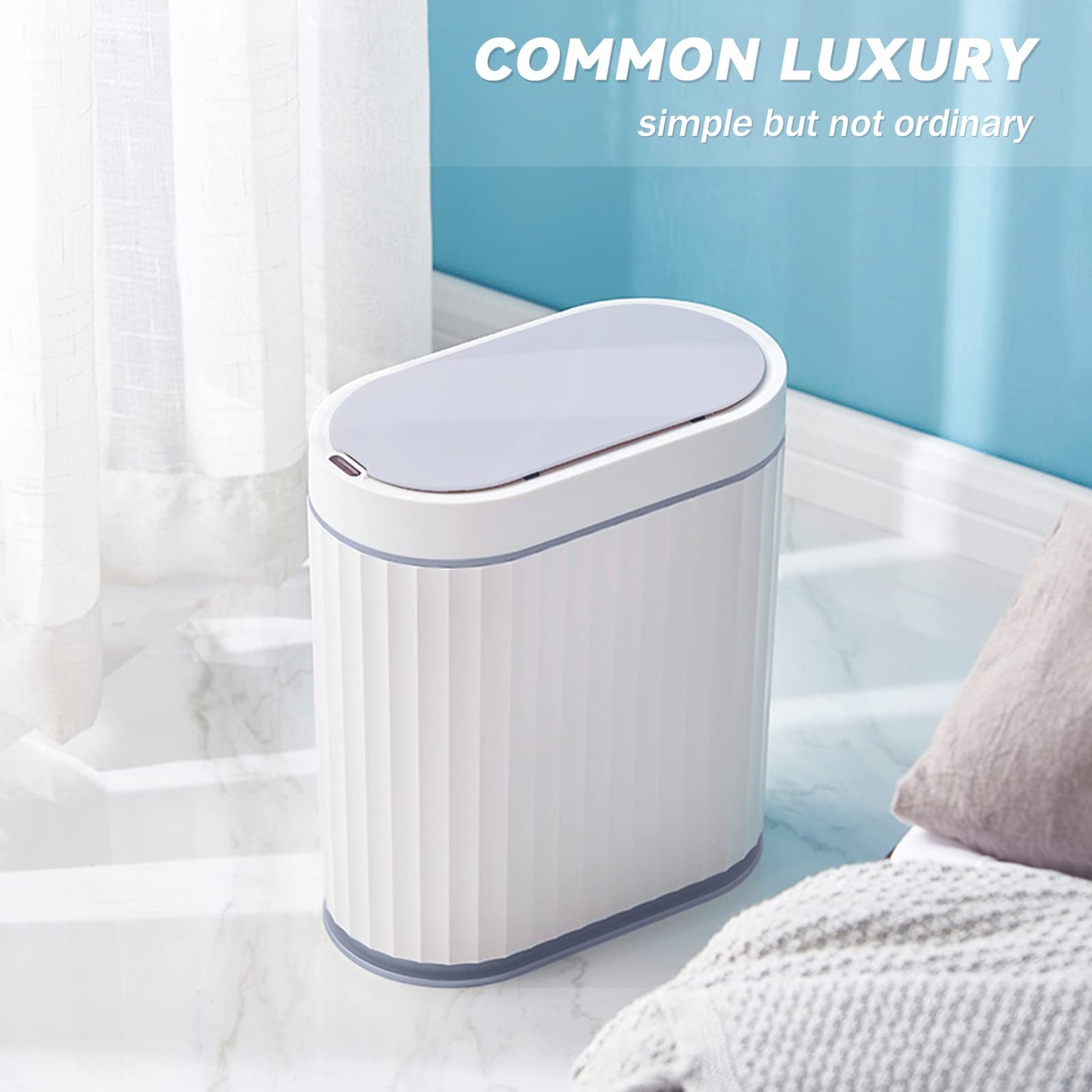 ELPHECO Bathroom Motion Sensor Trash can 2 Gallon Automatic Garbage Can, Slim Plastic Smart Trash Can with Lid, Commercial Intelligent Trash Bin for Bedroom, Bathroom, Office, White with Grey Trim