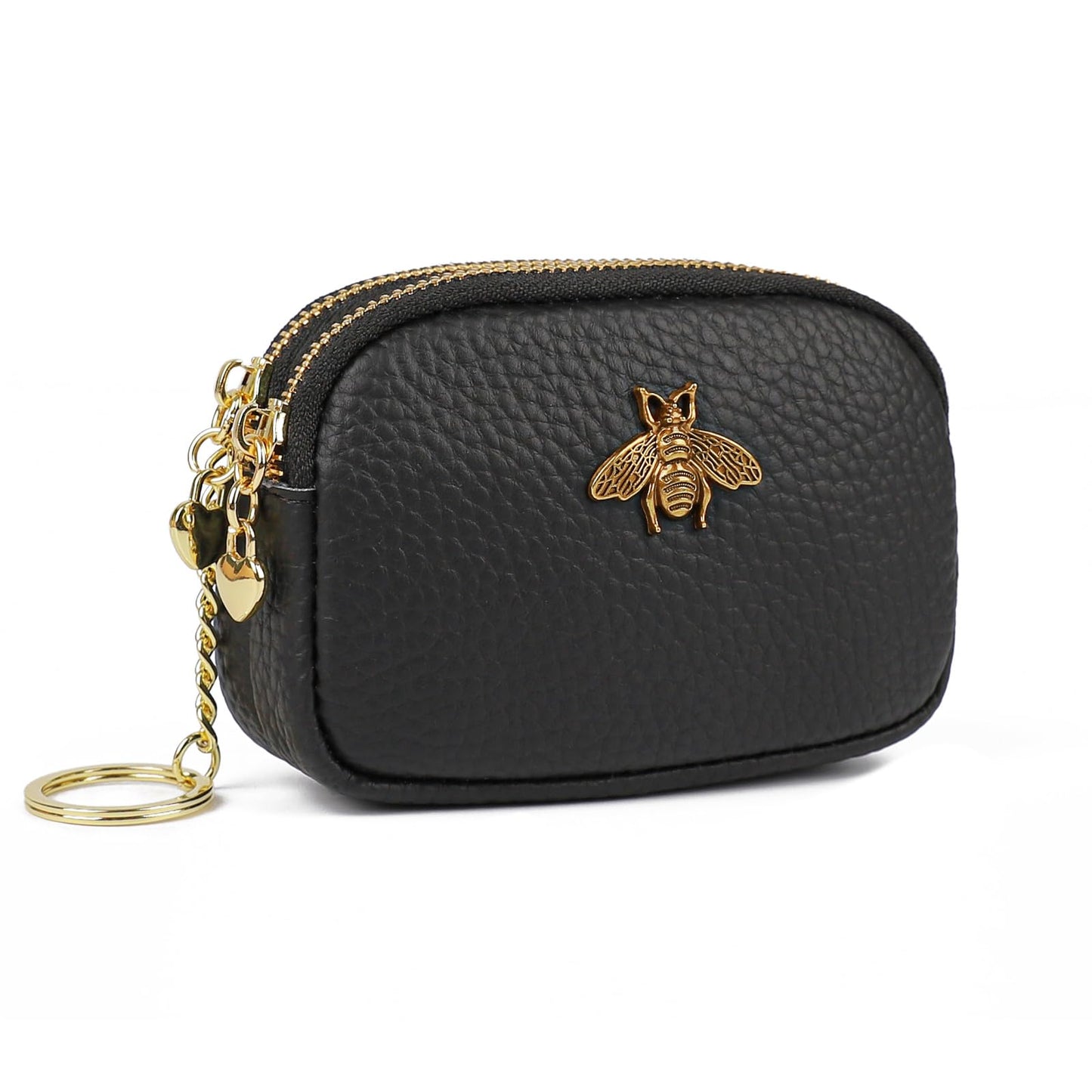 imeetu Women Leather Coin Purse, Small 2 Zippered Change Pouch Wallet(Copper Bee, Black)