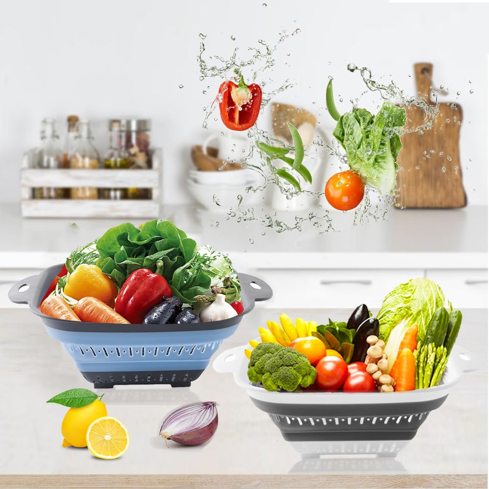 Collapsible Colander Set, Square Round Triangles Silicone Kitchen Strainer Perfect for Draining Pasta Vegetable fruit 2 PCS (10.8"L x 8.6"W x 2"H, Red & Green)