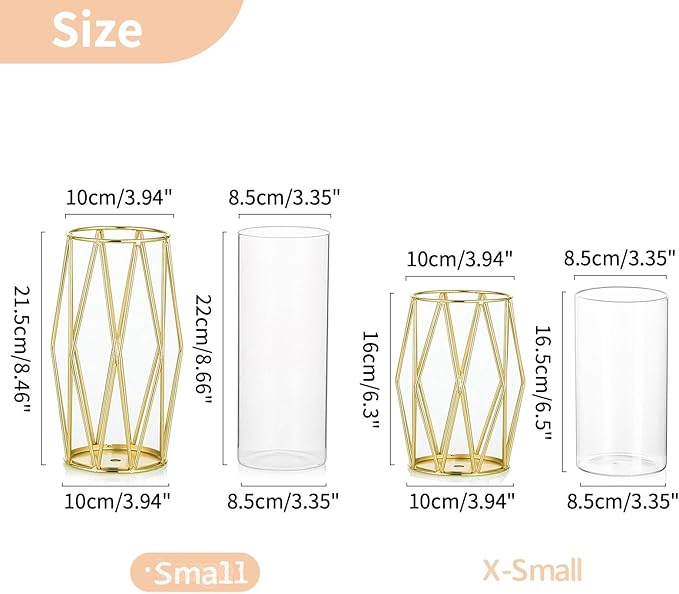 Nuptio Gold Pillar Candle Holder: 8 Pcs Glass Hurricane Candles Holders with Geometric Metal Rack Stand for Wedding Birthday Party Centerpieces - Decorative Flower Vase for Office Living Room