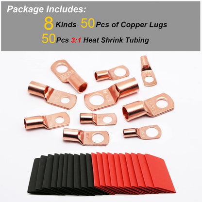 TKDMR 100Pcs Copper Wire Lugs AWG 6 8 10 12 with Heat Shrink Set, 50Pcs Battery Cable Lugs Battery Cable Ends Ring Terminals Connectors with 50Pcs Heat Shrink Tubing