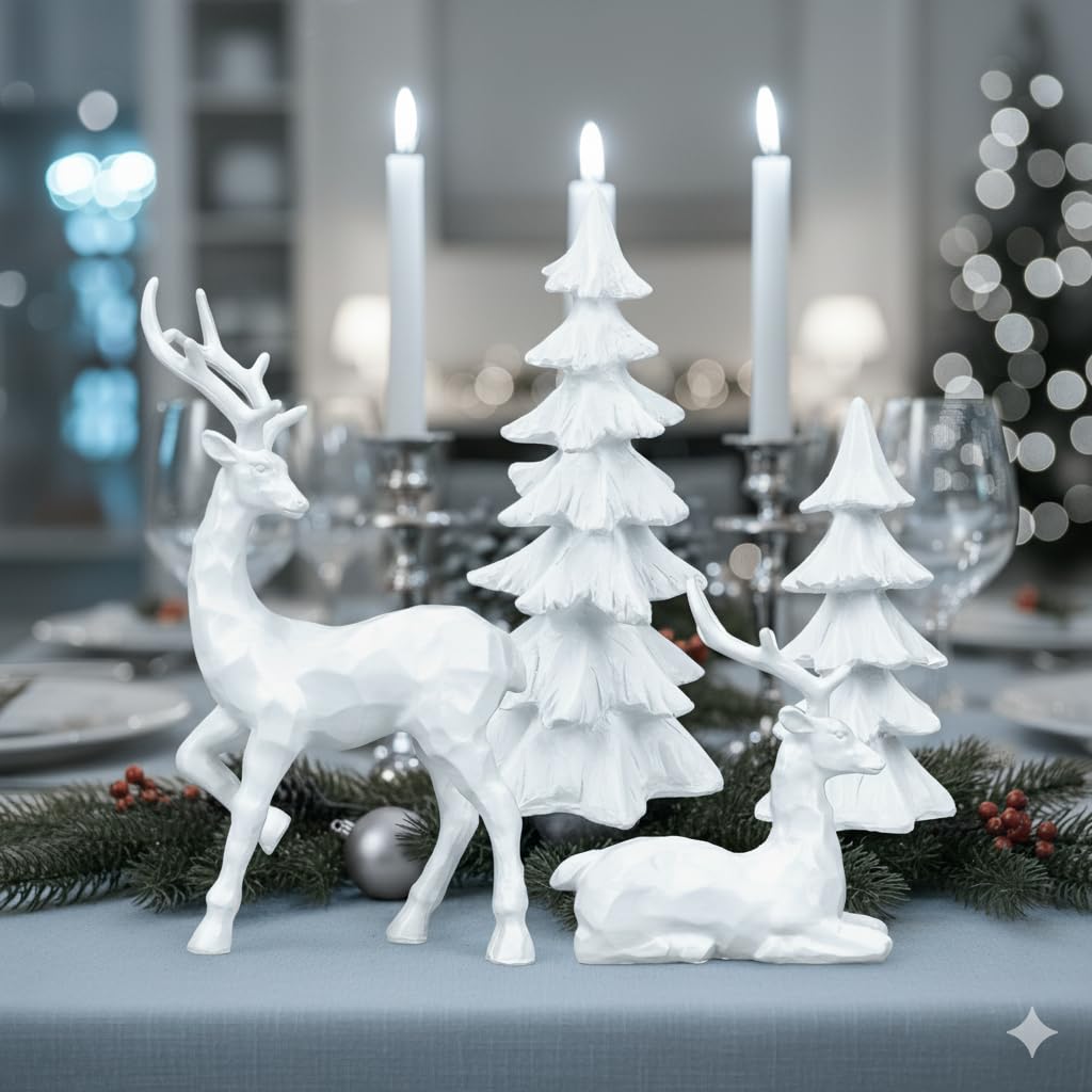 4-Piece White Christmas Tree Figurines and Resin Elk Sculpture Winter Reindeer Decor Resin Christmas Trees,Tabletop Tree Artificial Animal Crafts for Indoor Home Decor,Tabletop Mantle Cabinet Desktop