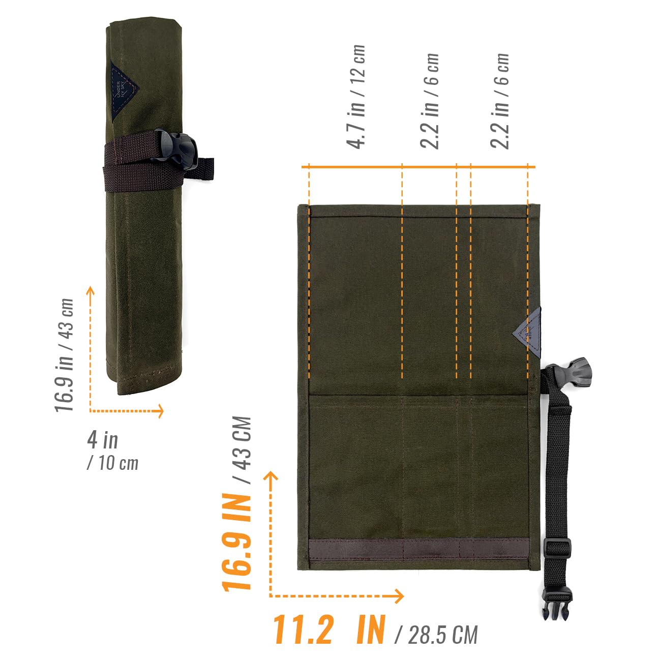 Under NY Sky Knife Roll Case - 3 Slots - Heavy Duty Waxed Canvas Pouch - Leather Reinforced - Portable Bag for Cooking Tools, Utensils, Cutlery Knives, Brushes - Chefs, Kitchen, Travel, Gift - GreenCV
