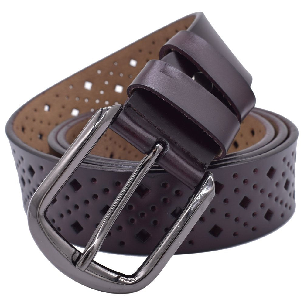 VONSELY Hollow Leather Belts for Women, Soft Leather Womens Belts with Pin Buckle (1.5" Wide Coffee)