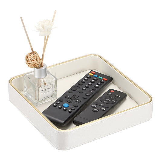 BTSKY Remote Control Organizer Tray for Coffee Table, 8.3” x 8.3” PU Leather Valet Tray with Gold Trim, Storage Catchall for TV Remotes, Glasses, Keys, Decorative Desktop Accessory for Home & Office