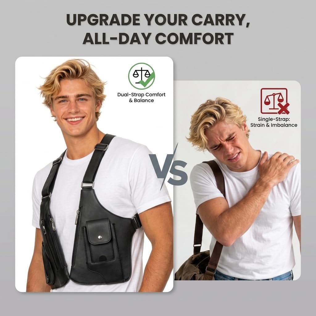 Double Shoulder Armpit Bag for Men, Underarm Shoulder Bag, PU Leather, Anti-theft Hidden Compartment, Adjustable Straps, Waterproof Multi-Pocket for Daily Travel, Hiking and Business