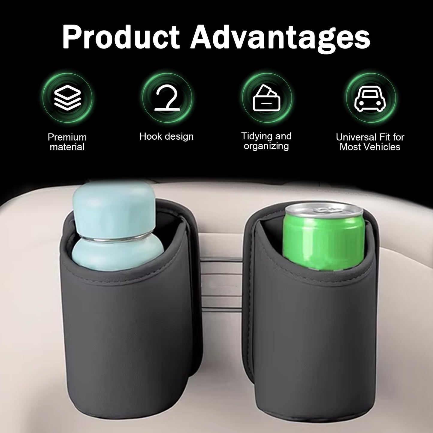 Heyzidu 2 PCS Leather Car Cup Holder, Spill-resistant Headrest Cup Organizer, Door Side Multi-functional Hooks Storage Bag for Water Bottles Phones Keys, Universal for Most Vehicles (Black)