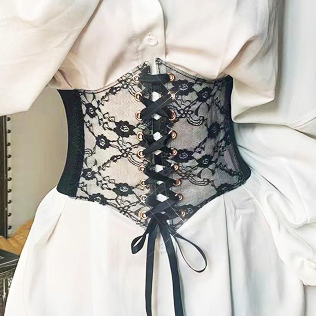 BODIY Women Lace Corset Belts Elastic Cinch Belt Tied Waspie Wide Waist Bustiers for Dress (Black)