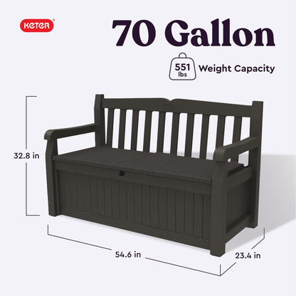 Keter Solana 70 Gallon Storage Bench Deck Box for Patio Furniture, Front Porch Decor and Outdoor Seating – Perfect to Store Garden Tools, Brown/Brown