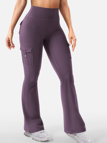 YEOREO CoreFlex Women Workout Flare Leggings with Pockets Hidden Scrunch High Waisted Cargo Gym Yoga No Front Seam Leggings Black Berry Purple S