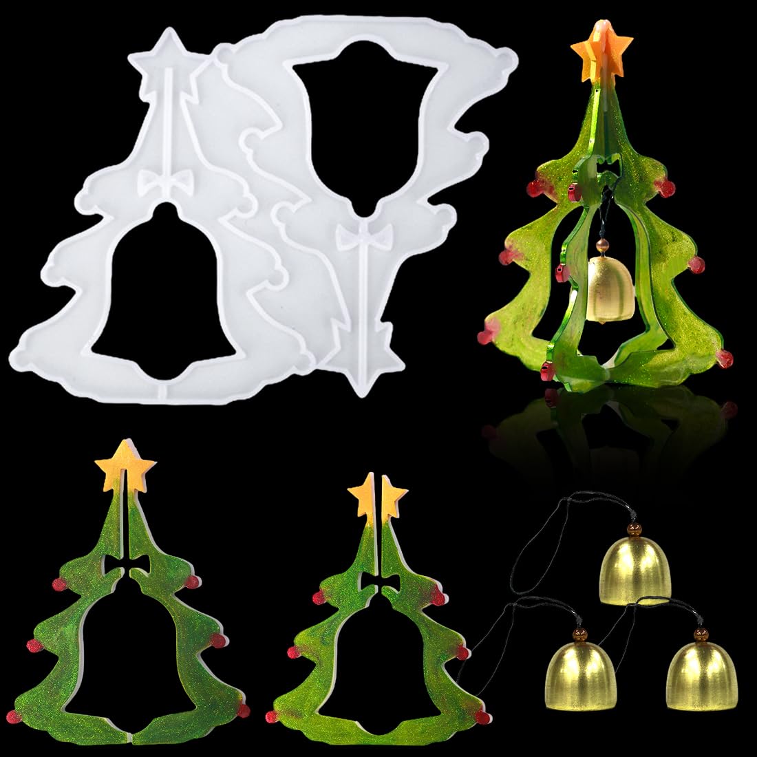 Voyyphixa 3D Christmas Tree Resin Mold with Bells Splicing Tree with Topper Star Silicone Molds for Epoxy Resin Xmas Ornaments Art Resin Casting Mold DIY Home Decoration Pendant Crafts Gift
