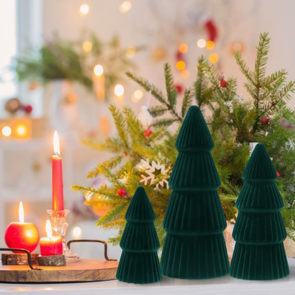 JOICEE Christmas Decorations Indoor, 3 Pcs Velvet Ceramic Christmas Trees Green Modern Cone Tabletop Trees for Xmas Winter Home Room Holiday Decorations Entryway Table Mantel Centerpiece Decor