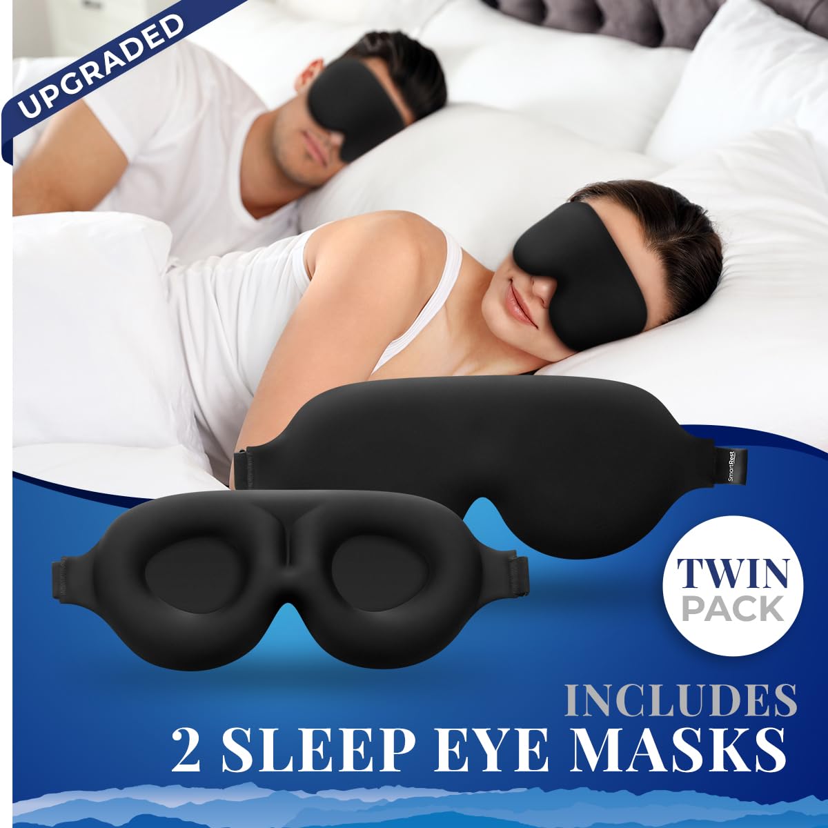 Sleep Mask [2 Pack] - Eye Mask for Sleeping - Patented, Contoured, 100% Blackout, Zero Pressure Sleeping Masks for Women and Men, Blindfold and Eye Covers - S2 Black