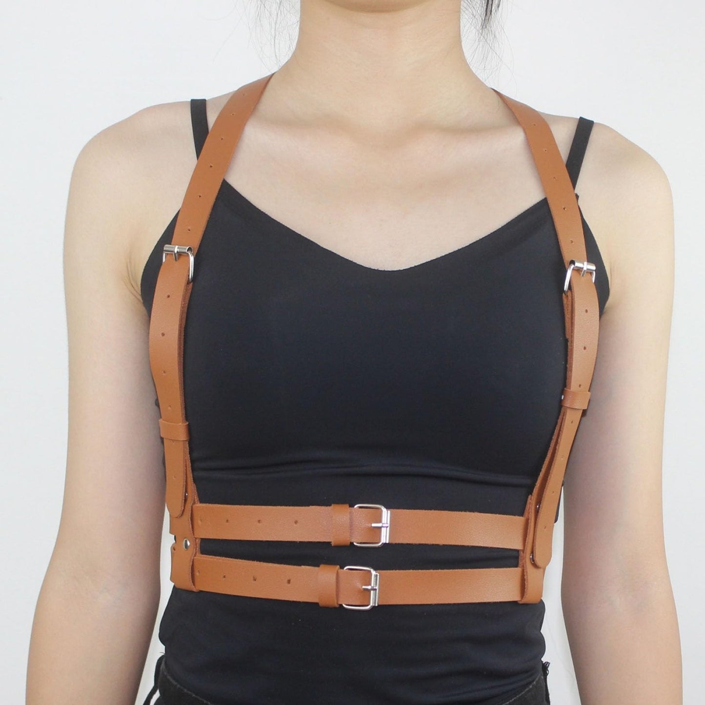 Kutocesy Gothic Chest Leather Harness for Women Punk Belt Black Harness Top Adjustable Chest Strap Carnival Party Accessories (Brown)