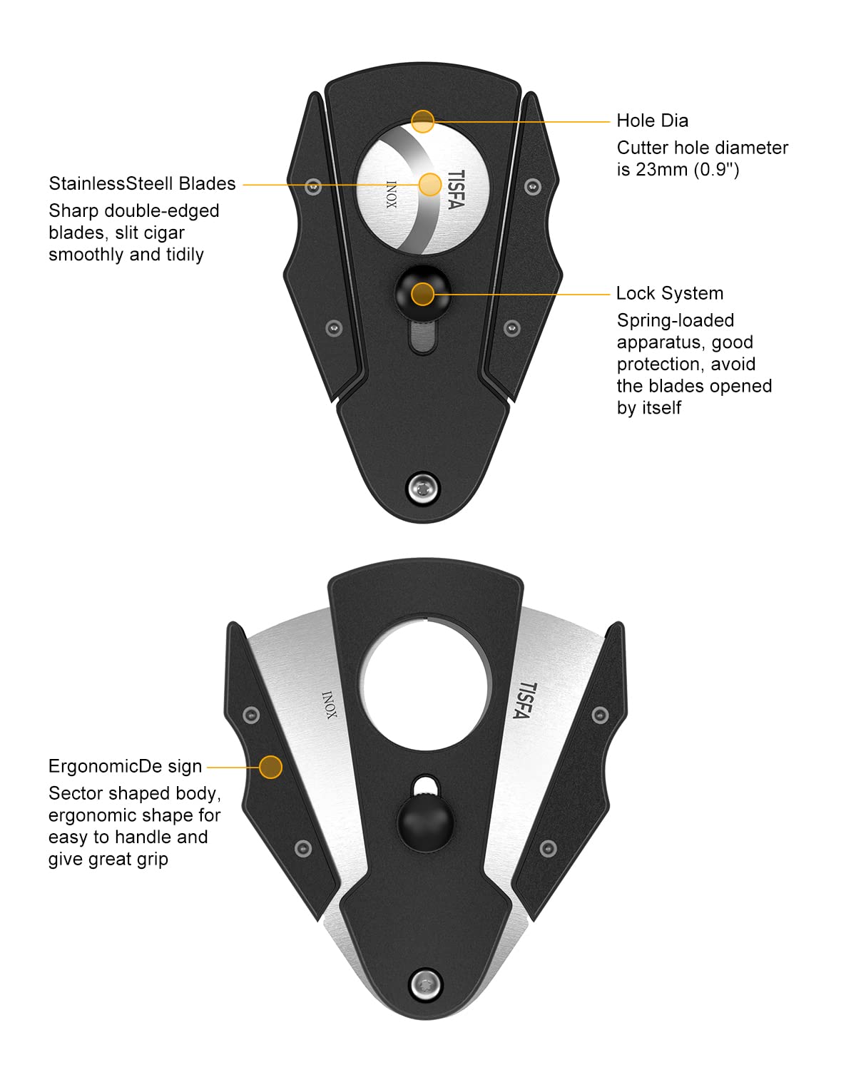 TISFA Cigar Cutter Stainless Steel Double Cut Blade with Safety Lock Cigar Guillotine, Sharp Cigar Clipper Scissors with Leather Case (Black)