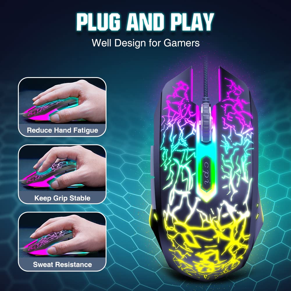 BENGOO Gaming Mouse Wired, Ergonomic Gamer Laptop PC Optical Computer Mice with RGB Backlit, 4 Adjustable DPI Up to 3600, 6 Programmable Buttons for Windows 7/8/10/XP Vista Linux -Black