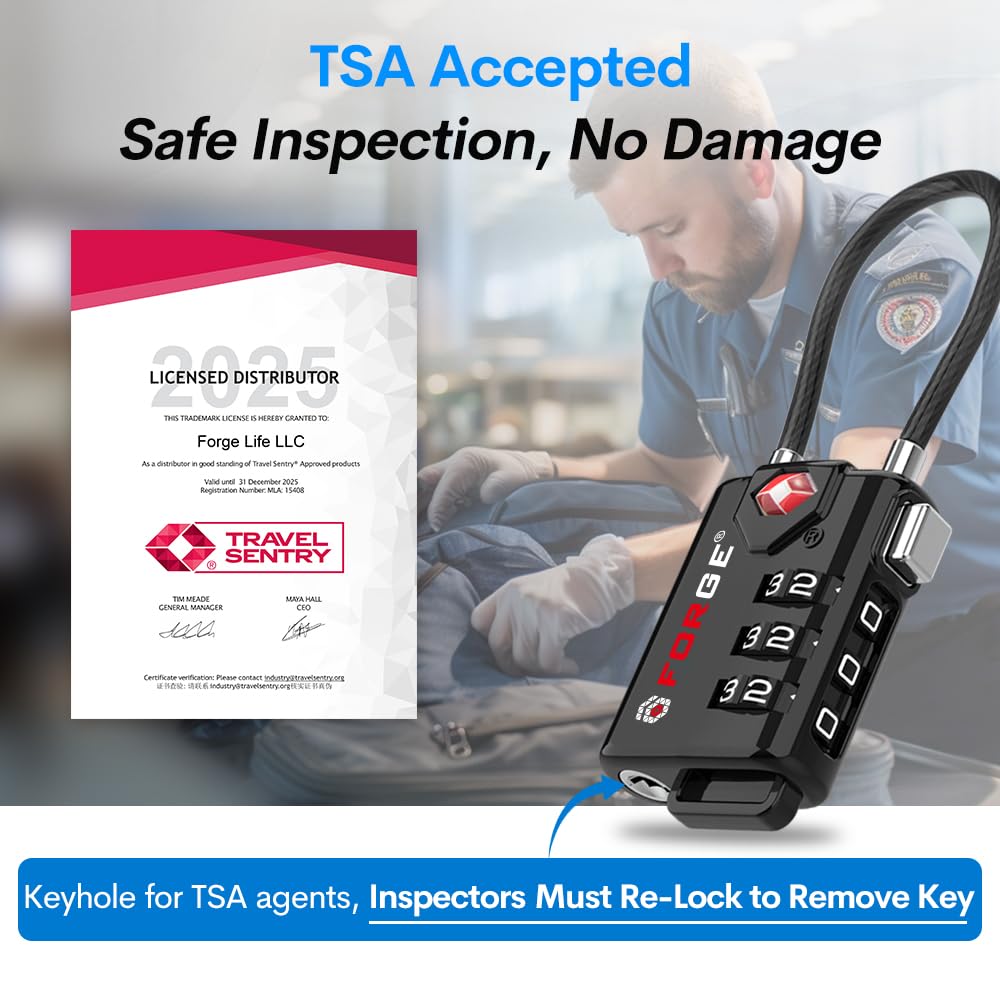 TSA Approved Cable Luggage Locks, Re-settable Combination with Alloy Body, Black 2 Locks.
