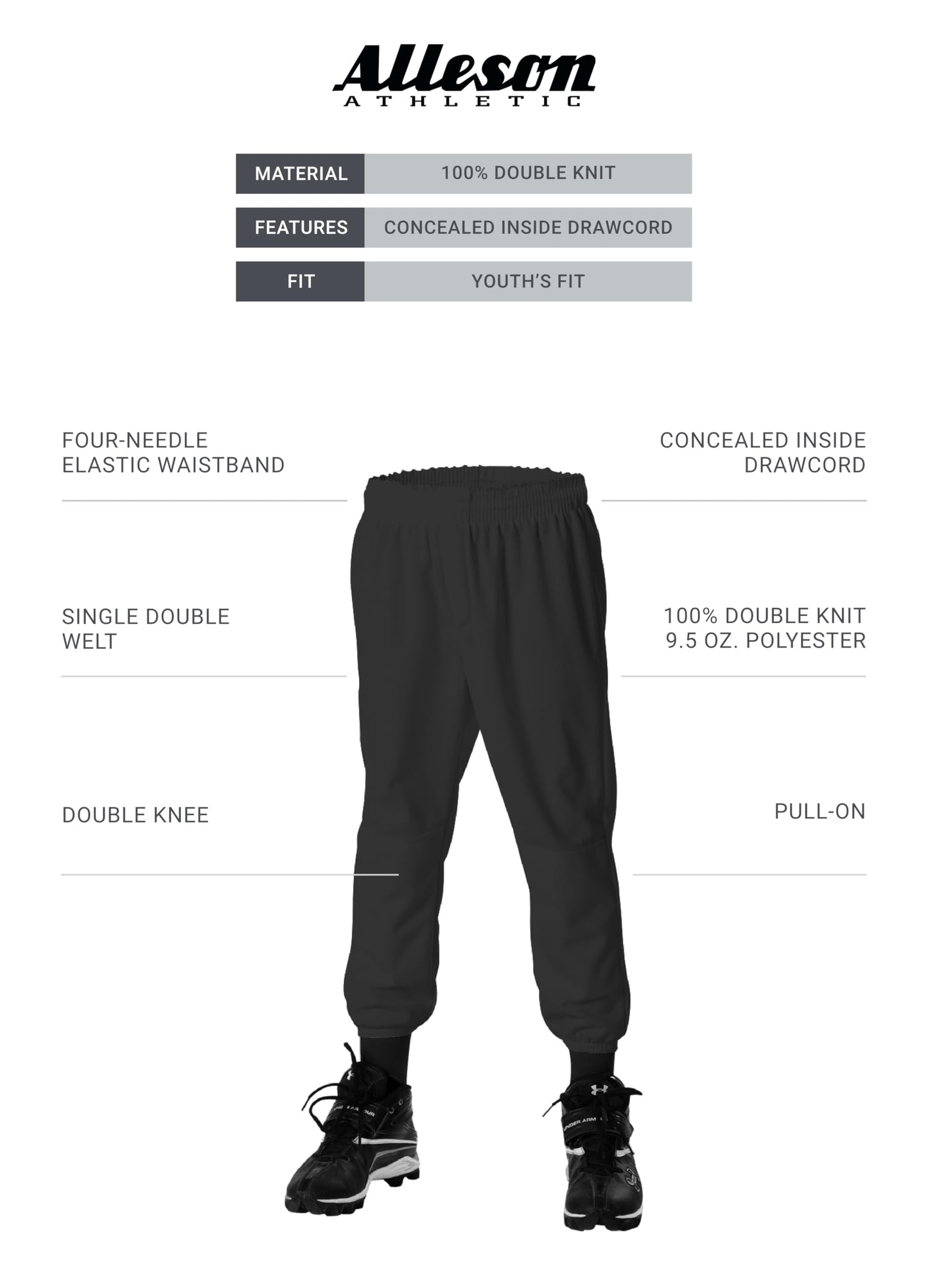 Alleson Athletic Youth Pull on Baseball Pants, Black, Medium
