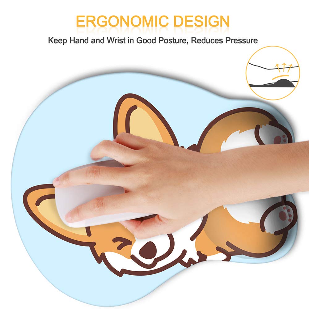 HAOCOO Ergonomic Mouse Pad with Wrist Support,Non-Slip Backing Corgi Anime Cute Gel Mouse Pad Wrist Rest, Easy-Typing and Pain Relief for Gaming Office Computer Laptop(Blue Cute Corgi)