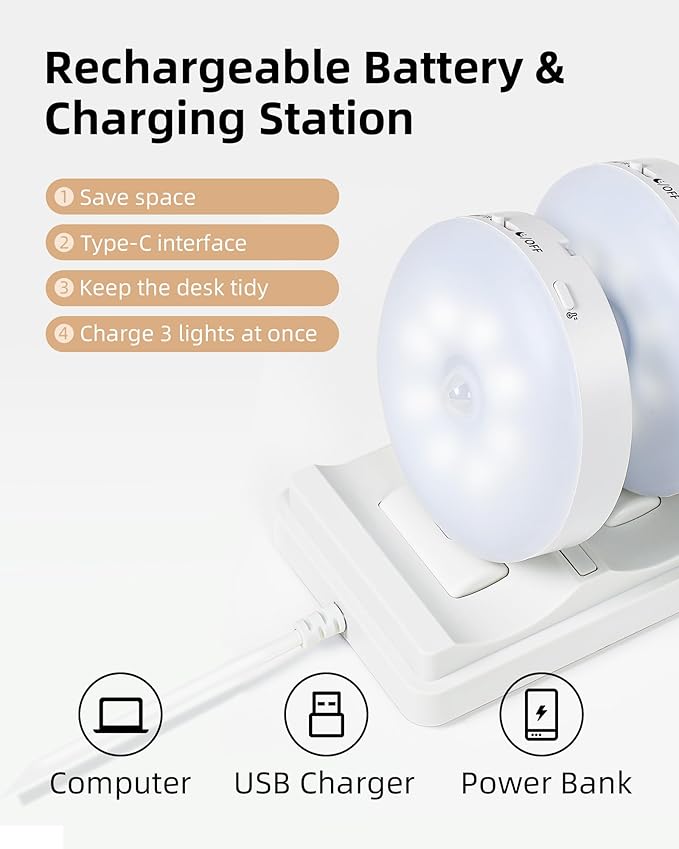EZVALO Under Cabinet Lighting with Charging Station,1000mAh Rechargeable Puck Lights with Remote, 3 Color Temps & 12 RGB Closet Lights, Dimmable Motion Sensor Lights for Shelf, Kitchen (3 Packs)