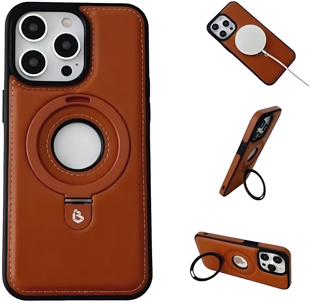WarmWhisper Leather Material with Metal Magnetic Folding Stand,Luxury Leather Invisible Stand Phone Case Cover for iPhone 12-17 (iPhone15 Pro Max,Brown)