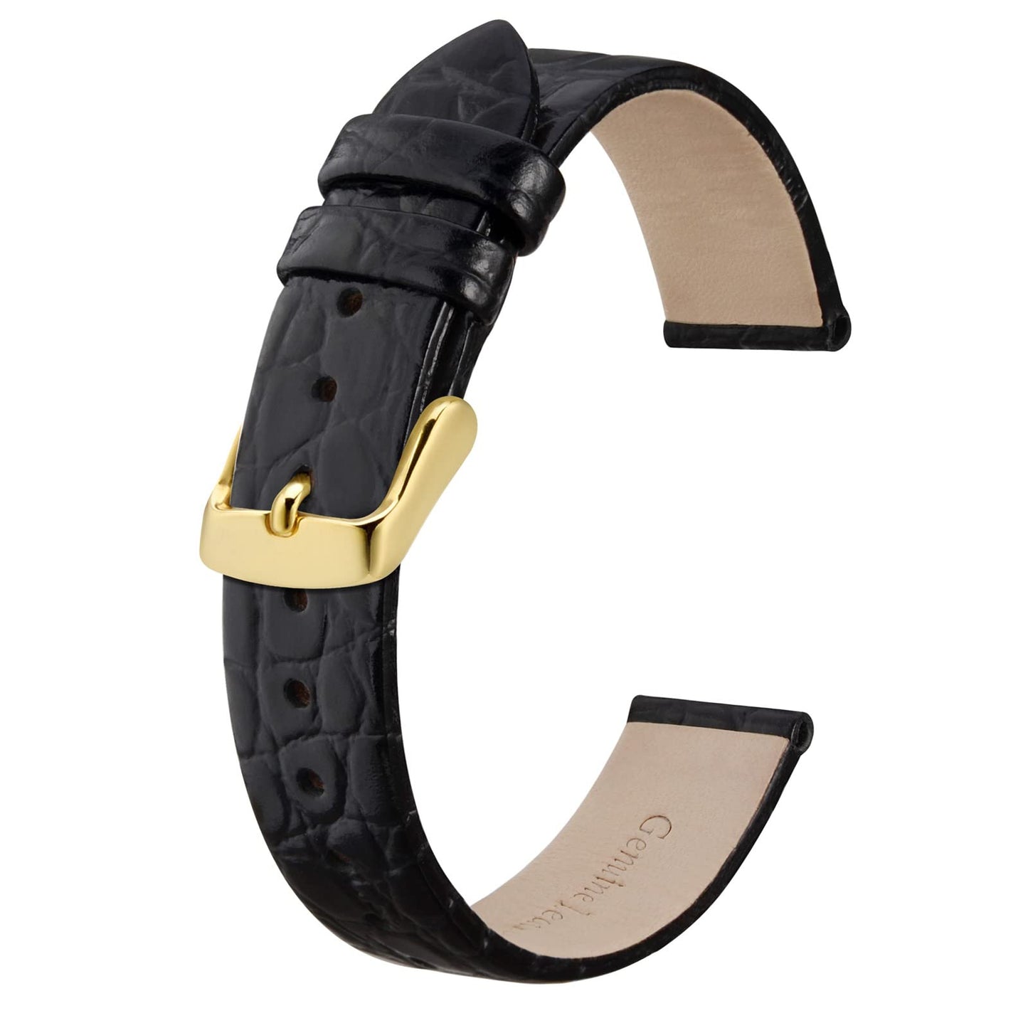 BISONSTRAP Watch Straps for Women, Crocodile Pattern Leather Thin Watch Replacement Bands,12mm, Black with Gold Buckle