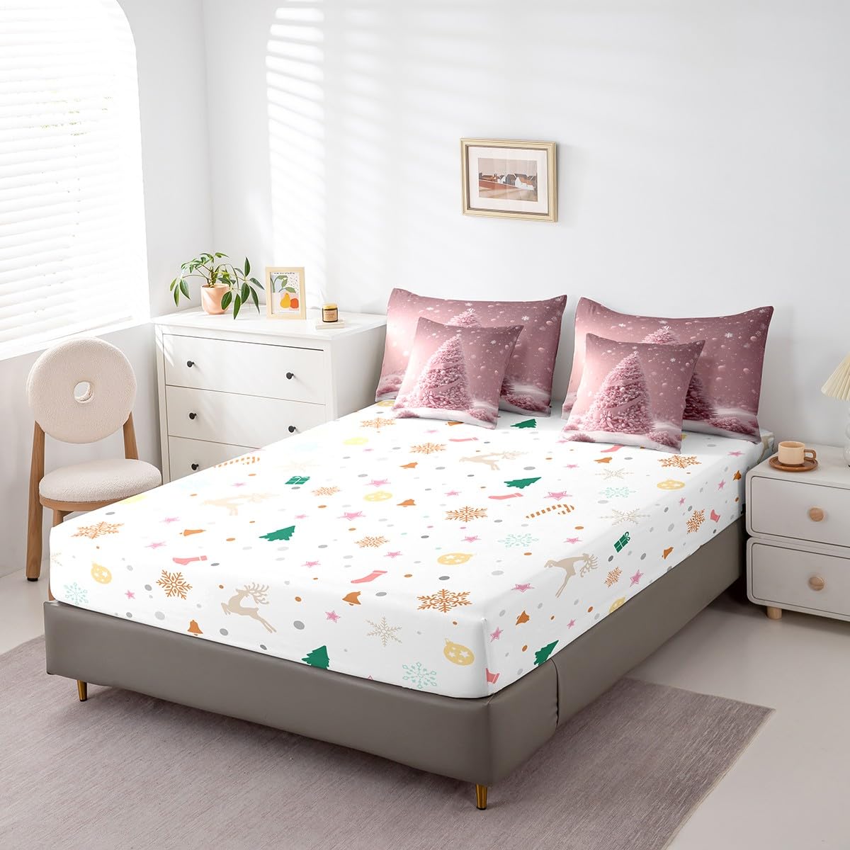 Manfei Pink Xmas Tree 7 Pieces Comforter Set Full,Kawaii Bowknot Snowflake Bedding Set for Bedroom Decor,Merry Christmas（Comforter+Fitted+Flat Sheet+2 Pillowcases+2 Throw Pillow Covers）