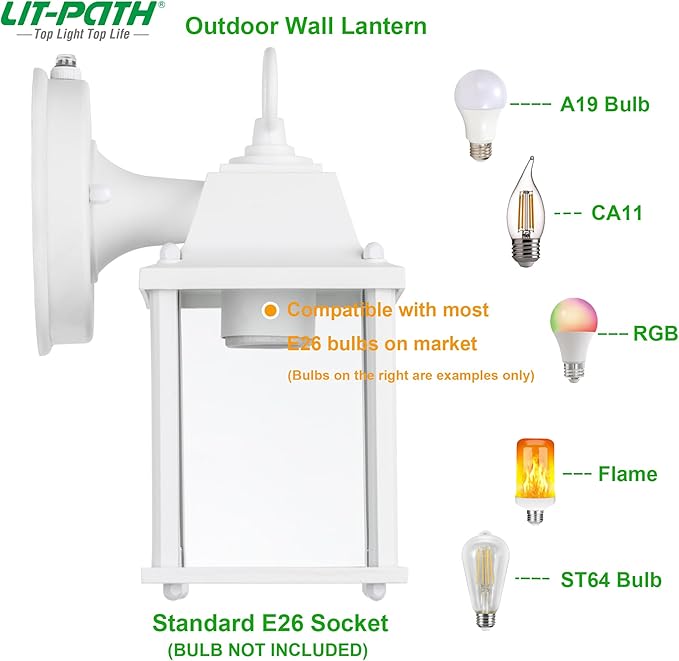 LIT-PaTH Dusk to Dawn Outdoor Wall Lantern, Wall Sconce, Waterproof Proch Light Fixture E26 Base, Aluminum Housing Glass Shade, Outdoor Rated, 2-Pack, White