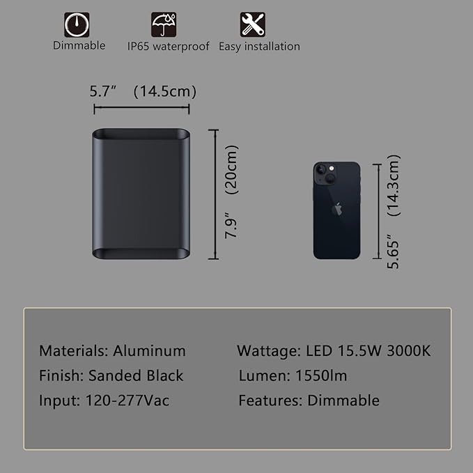 LED Wall Lights Outdoor Wall Sconces Dimmable 15.5W, IP65 Waterproof Porch Lights, Up and Down Modern Wall Lamps for Bedroom, 3000K 120-277V, Wall Sconces Set of 2 (Black)