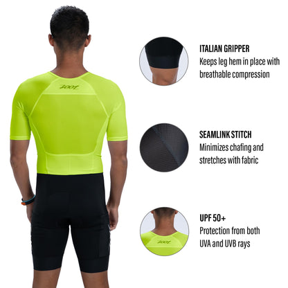 Zoot Men’s Core Tri Aero FZ Racesuit, Short Sleeve Moisture-Wicking Triathlon Suit, Plush Chamois & Storage for Race Day - Hyper Yellow - 2X-Large