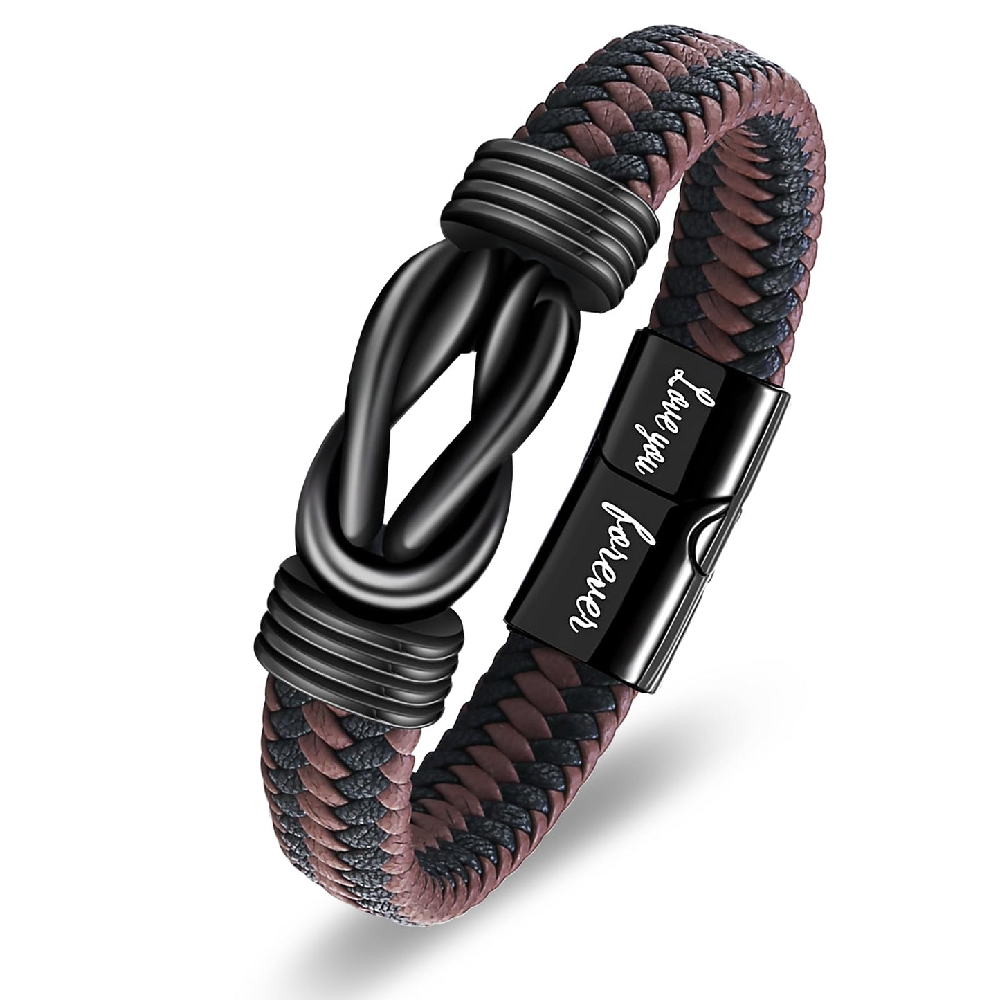 QWNHONEY Gifts for Son from Mom Infinity Knot Leather Birthday Christmas Anniversary Mens Brown Braided Cuff Bracelet 8.5 Inches