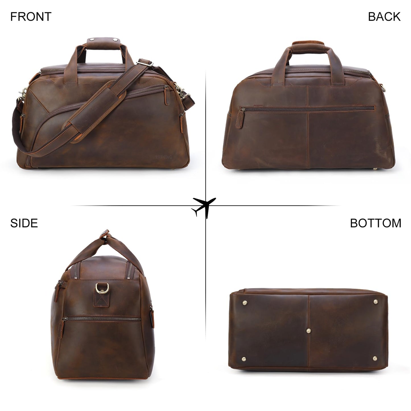 TIDING Full Grain Leather Duffle Bag for Men - 20 Inch TSA Approved Carry On Weekender Overnight Travel Duffel Bags