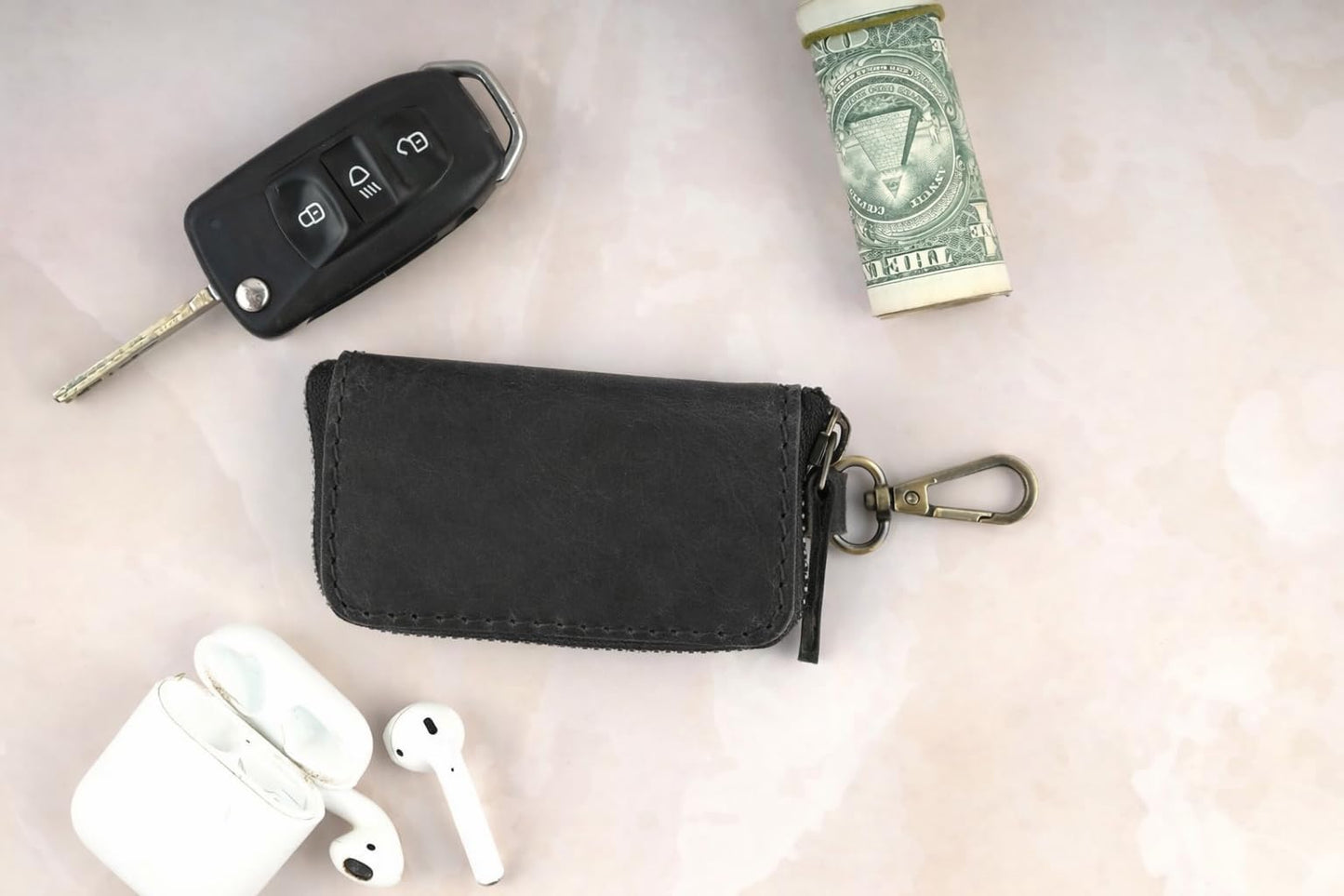Handmade Full Grain Leather Car Key Holder & Zippered Coin Purse | Belt Loop Key Chain, Compact Earphone Holder Multi-Functional Money Purse Elegant Leather Accessory Versatile Key Organizer (Black)