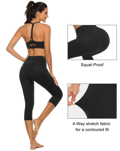Stelle Womens High Waisted Legging Yoga Pants with Pockets for Workout(Black,L)
