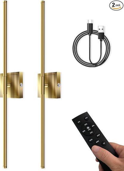 Battery Operated Wall Sconces with Remote Control, Dimmable Wall Sconces Set of Two, 3000K-6500K LED Wireless Picture Lights for Wall, Bedroom, Hallway, Living Room, 350°Rotate, 24.4 Inch(2 Pack)
