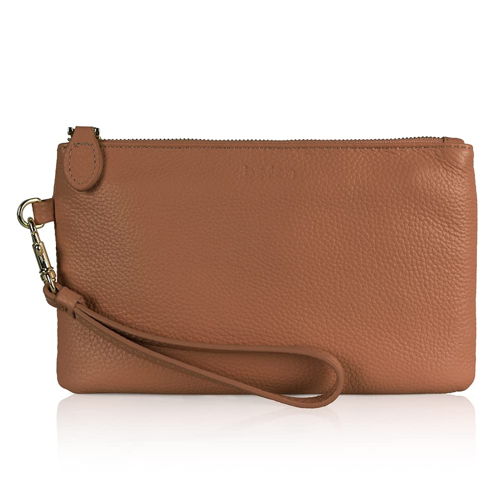 befen Women's Genuine Italian Leather Wristlet Clutch Wallet Purse, Gold Zipper (Camel)