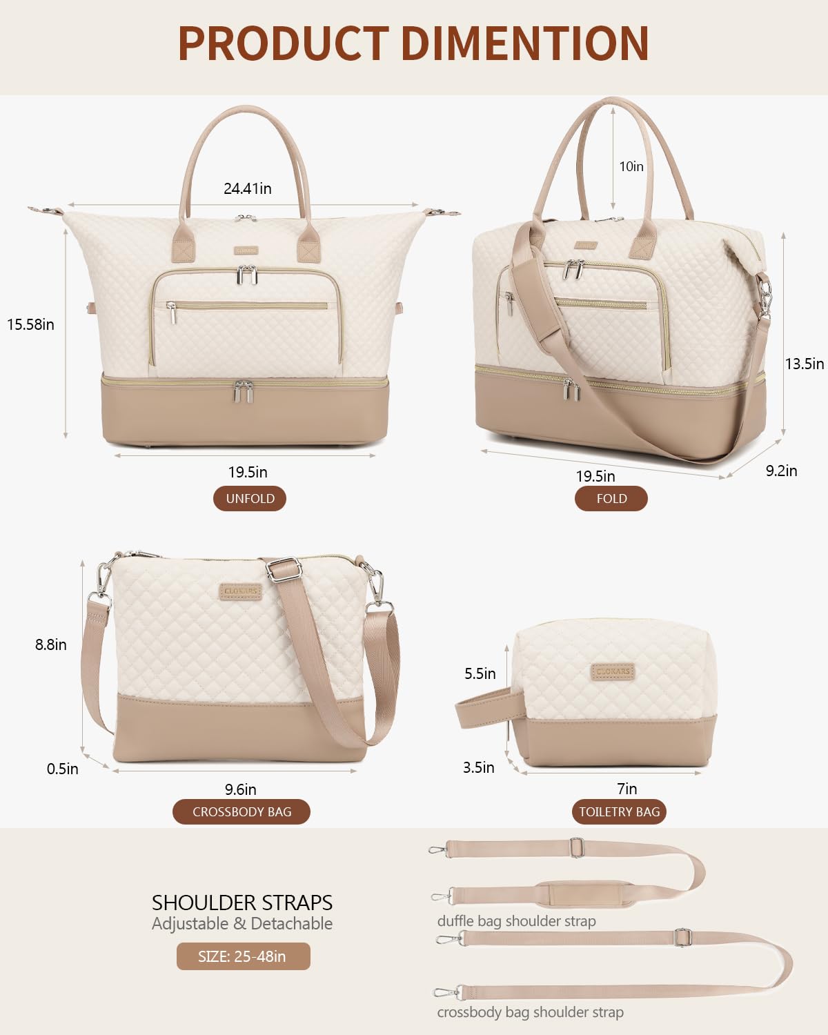 CLOKARS Weekender Bags for Women, Travel Duffle Bag Carry On Overnight Bag with Cosmetics Bag and Crossbody Purse for Gym Hospital, Gifts for Women, Beige Camel