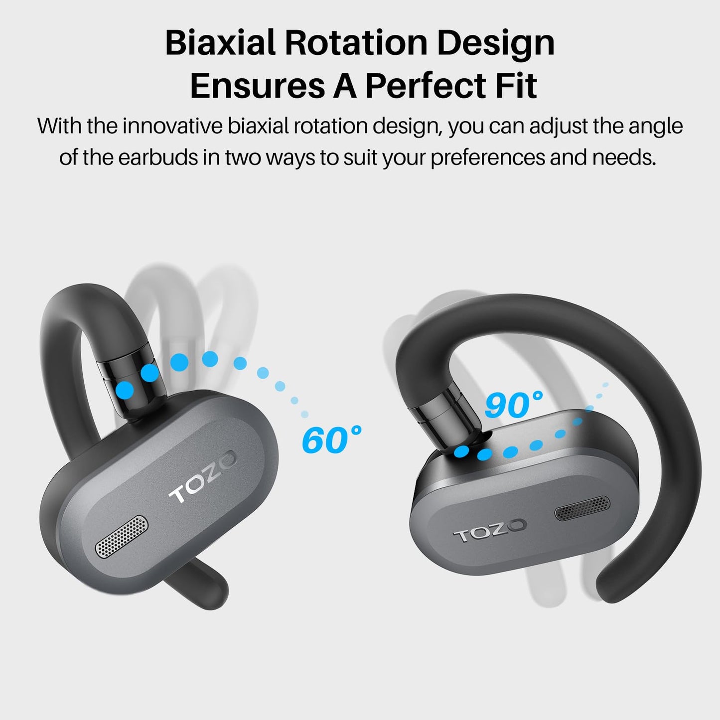 TOZO O2 True Open Ear Wireless Headphones Lightweight with Multi-Angle Adjustment, Bluetooth 5.3 Earbuds with Dual-Axis Design for Long-Lasting Comfort, Crystal-Clear Calls for Driving, Dark Black