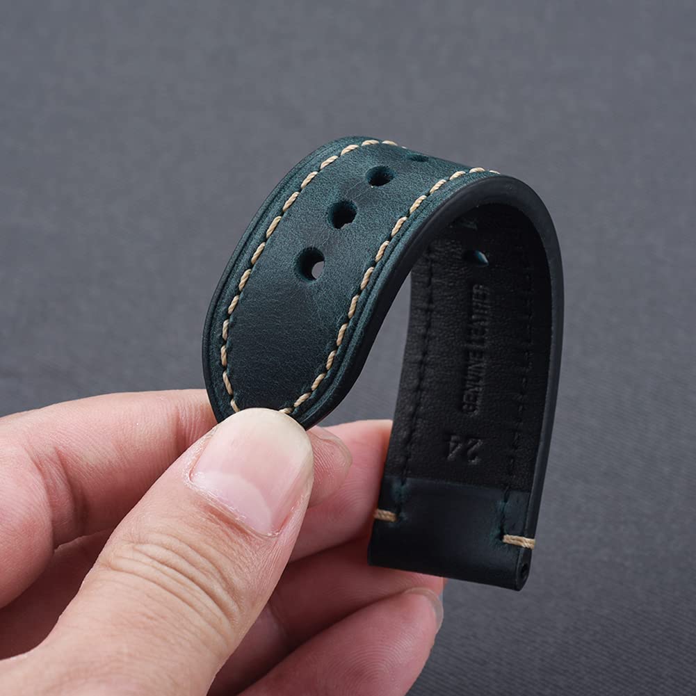 EACHE 26mm Leather Watch Bands Thick Imported Oil Waxed Leather Watch Straps Blue With Silver Buckle