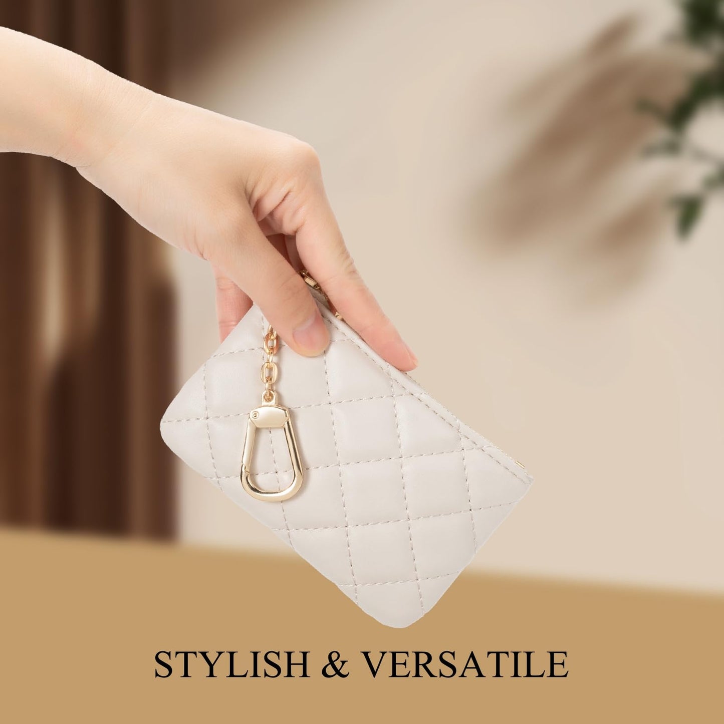 LARENNT Quilted Leather Coin Purse with Keychain - Small Coin Pouch Key Pouch Small Card Holder Keychain Wallet Change Purse for Women and Men (Creamy-white)