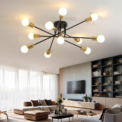 Mid Century Sputnik Gold and Black Semi Flush Mount Ceiling Light Fixture, Modern Large 11 Light Metal Chandelier for Dining Room Bedroom Kitchen Living Room Office Lighting