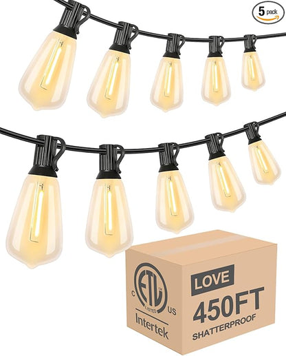 Lightdot 450FT Outdoor String Lights, LED Bistro String Lights with Shatterproof ST38 Bulbs, 2200K Dimmable, Waterproof Hanging Lights for Porch, Party, Garden, Backyard, Balcony