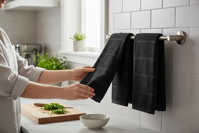 Serafina Home Black Textured Kitchen Hand Dish Towels 100% Cotton Cloth Soft