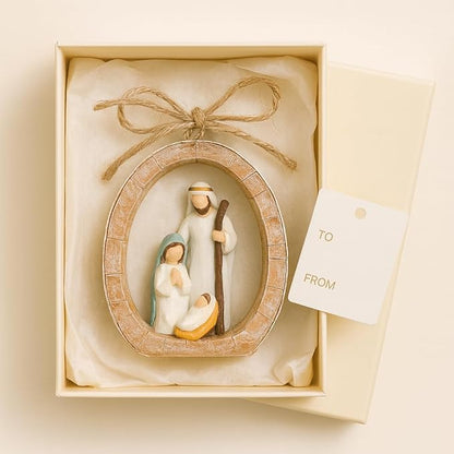 Holy Family Oval Nativity Set Hanging Christmas Ornament, Hand-Painted Resin with Jute Bow, Rustic Faux-Wood Ring, Religious Gift Xmas Tree/Wreath Décor (Nativity Scene)