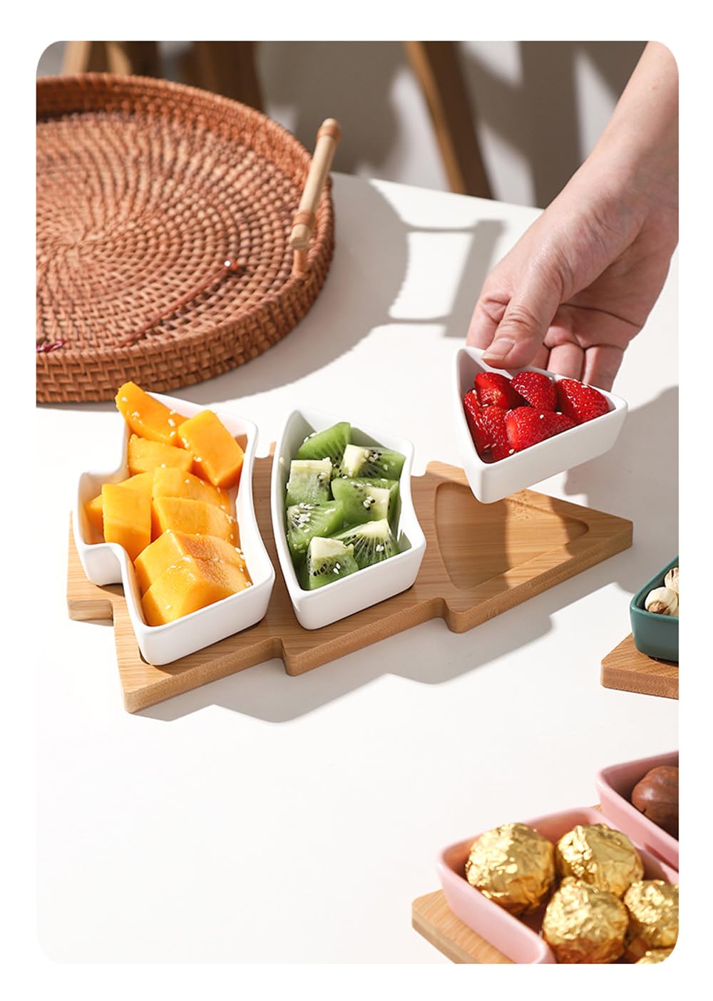 Loticy White Tree Plates Chip & Dip Set, 11 Inches Ceramic Snack Plate with Bamboo Tray, Removable Porcelain Christmas Tree Appetizer Dessert Fruit Salad Saucers Bowl, Cutlery Platter Serving Dish