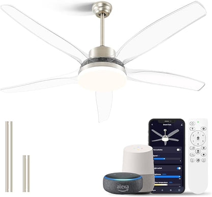 OKELI 58" Smart Ceiling Fan with Light, WiFi Enabled for Alexa & App Control, Reversible Brushed Nickel Modern Ceiling Fan with Dimmable LED Light and Remote, Clear Blades for Living Room Bedroom