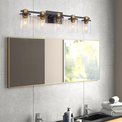 5 Light Bathroom Vanity Light, Black and Gold Bathroom Light Fixtures, Sconces Wall Lighting with Clear Glass Shade, Modern Brushed Gold Vanity Lighting fixtures for Bathroom, Bedroom, Hallway