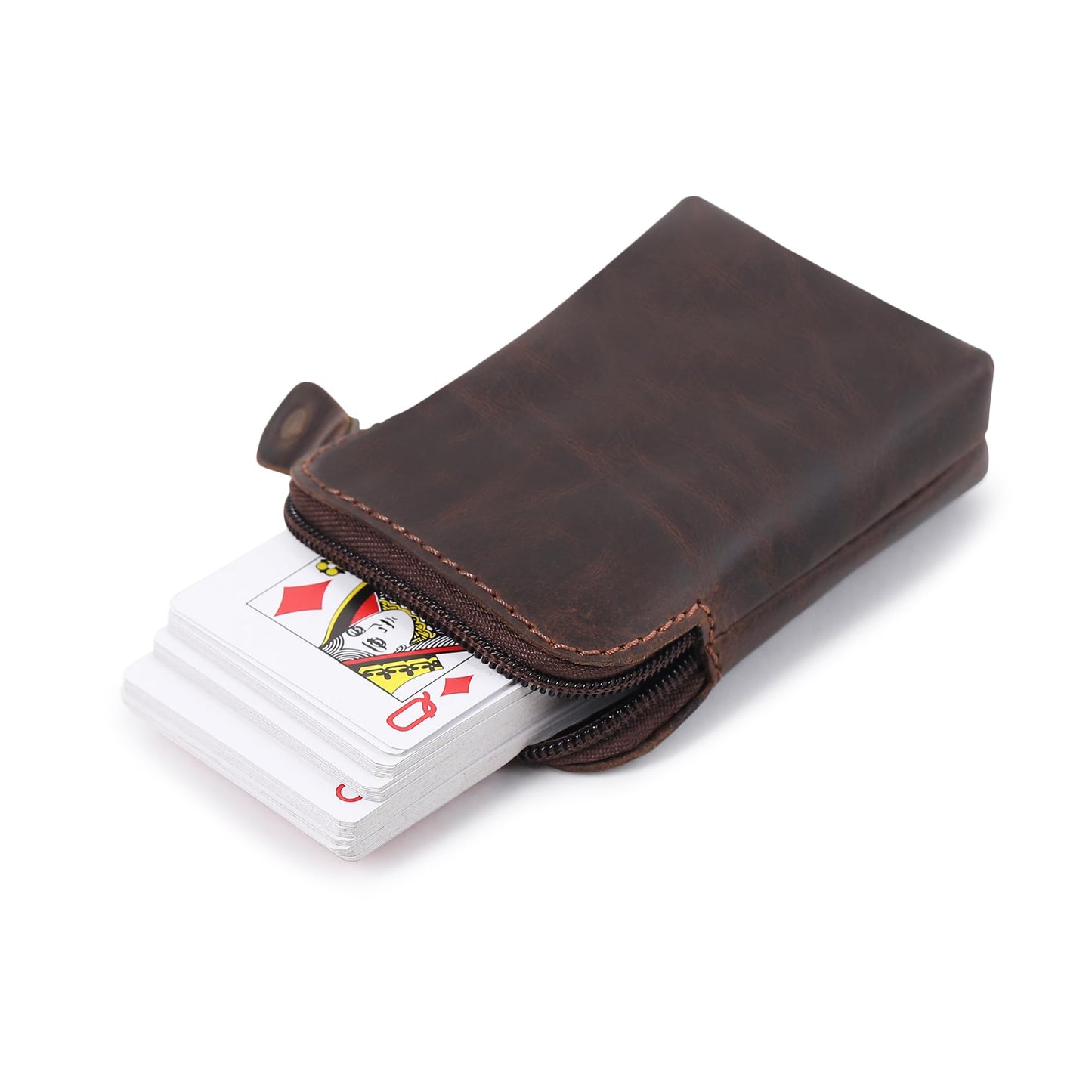 CestAntiQ Premium Full-Grain Leather Playing Card Case Zippered Card Deck Holder for Poker and Bridge Travel Accessory Secure Multi-Purpose Wallet Leather Cards Holder Brown